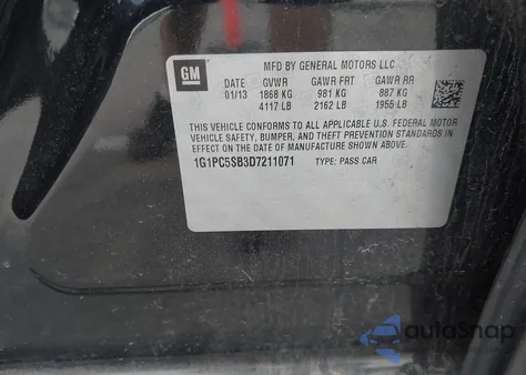 2013 Chevrolet Cruze 1Lt Auto из США, поврежденный, VIN 1G1PC5SB3D7211071